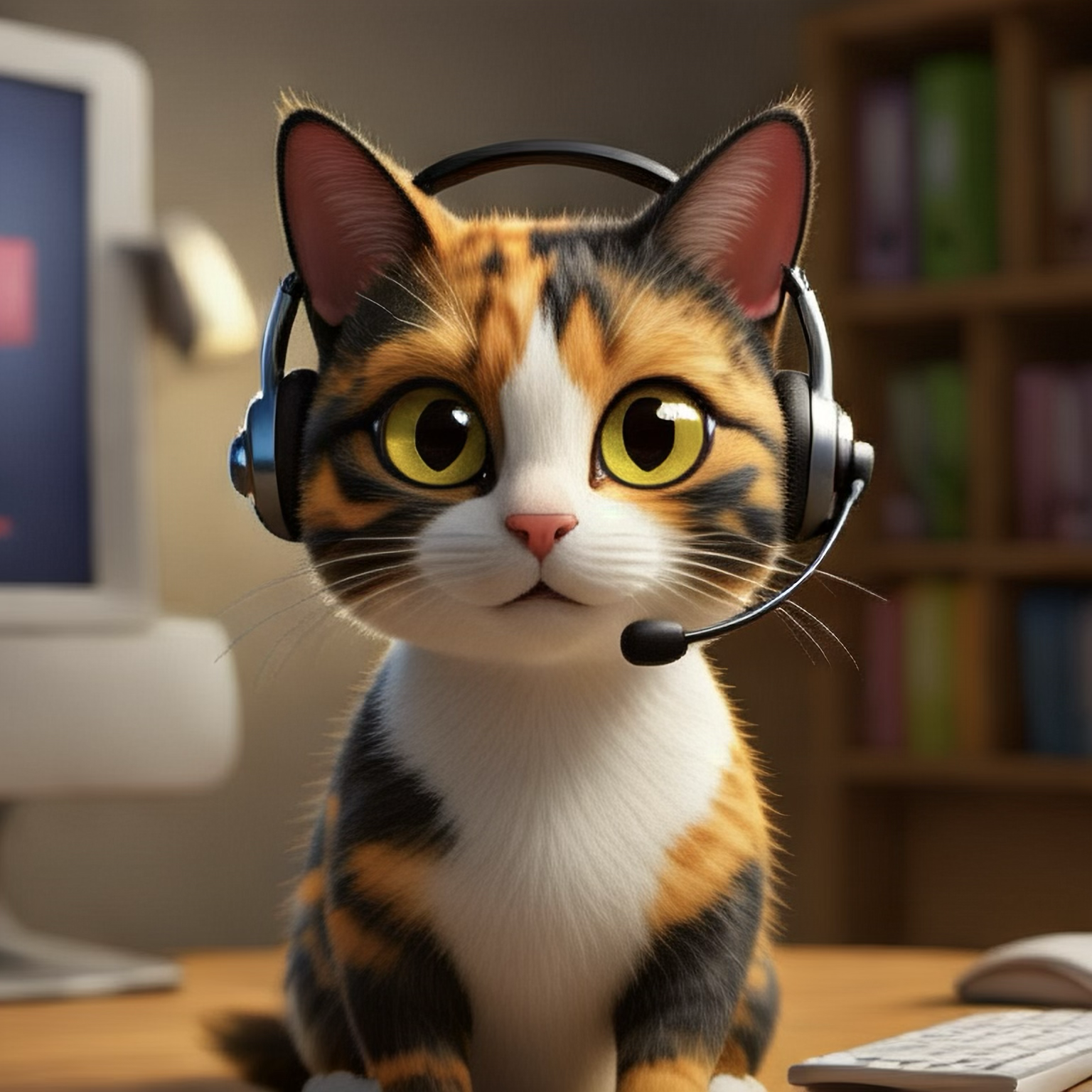 A calico cat wearing a headset